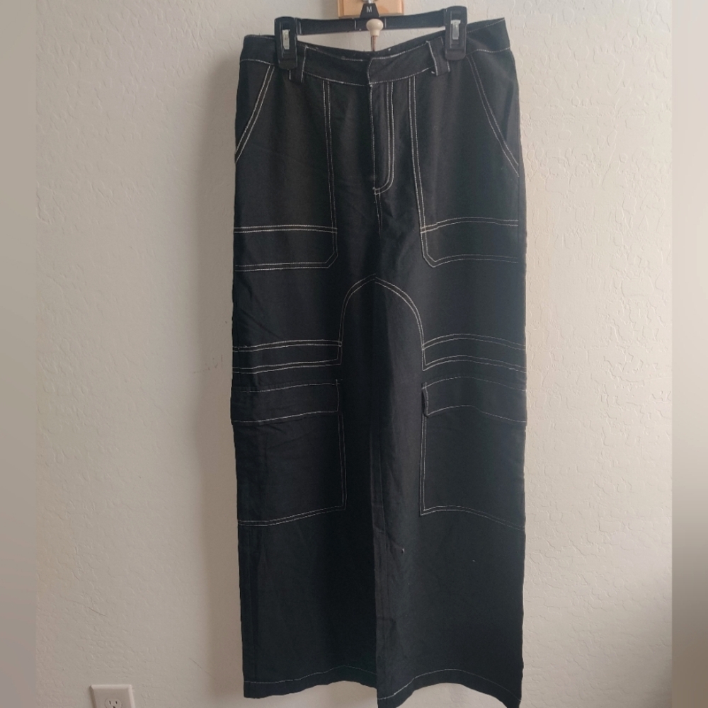 🆕 Bobbles and Lace Black Linen-blend Cargo Gorpcore goth Grunge Pants_Medium